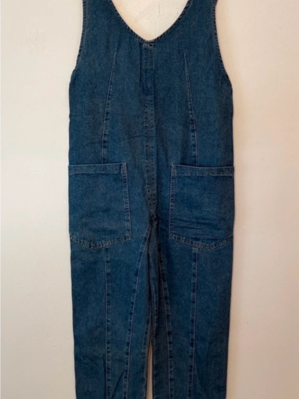 H/G Women’s Denim Overalls Size Medium Adjustable Back Tie Straps/Patch Pockets